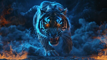 Close-up portrait of a tiger in the smoke in the dark - obrazy, fototapety, plakaty