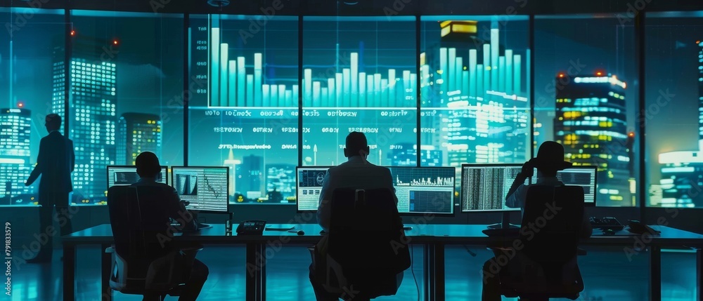 Poster several finance specialists seated in front of computers in a modern monitoring station with a big d