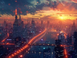 Dusk and the Gleaming Lights of a City,3D illustrations