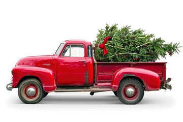 Side view of an old red truck transporting a Christmas tree isolated white background