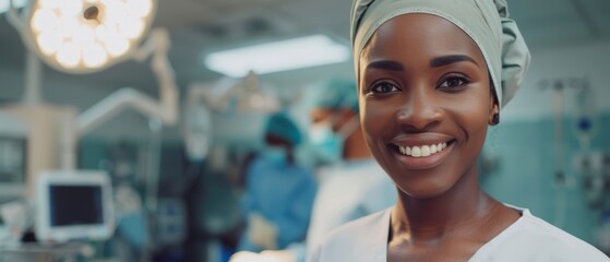 Photograph of a beautiful black female nurse, doctor, and surgeon smiling and kindly looking at the camera in a modern hospital ward with advanced medical equipment. - obrazy, fototapety, plakaty