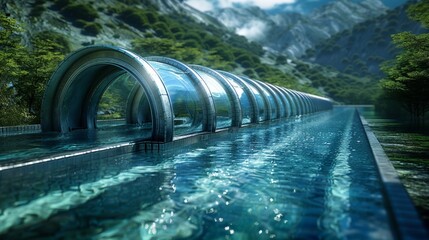 Engineers develop sophisticated aqueduct systems that transport water and energy across vast distances using advanced nanotechnology and renewable resources - obrazy, fototapety, plakaty