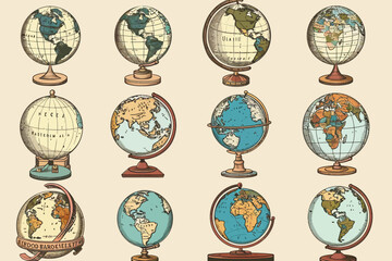 a bunch of different types of globes - obrazy, fototapety, plakaty