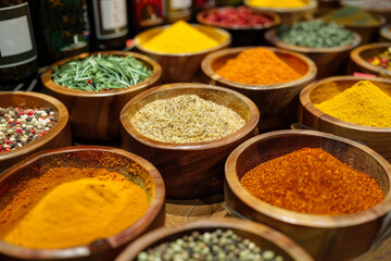 Oriental spice store. a large counter with various jars filled with fragrant spicy spices.