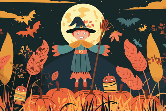 a halloween scene with a scarecrow and a full moon