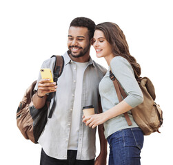 Beautiful happy young couple using smartphone isolated transparent PNG. Joyful smiling woman and man looking at mobile phone. Love, travel, tourism, students lifestyle concept