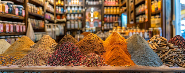 Oriental spice store. a large counter with various jars filled with fragrant spicy spices. - obrazy, fototapety, plakaty