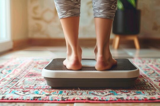 Close-up shot of someone's feet on a black digital scale, showcasing the concept of weight management and healthy lifestyle choices