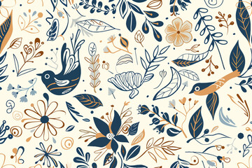 a pattern of birds and flowers on a white background