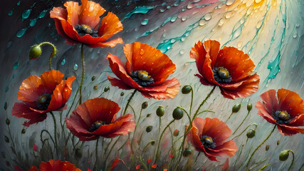 colorful poppy flower on abstract background. bright flowers. oil illustration