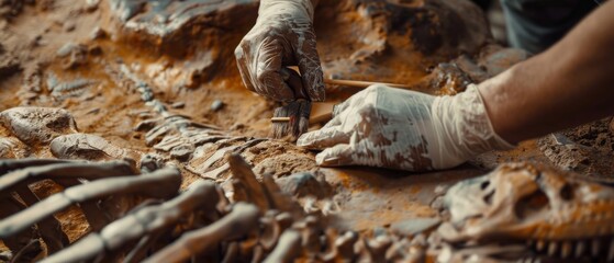 In this image, a paleontologist cleans the Tyrannosaurus Dinosaur Skeleton with brushes. In this image, archeologists discover fossil remains of new predator species. In this picture, they dig up a - obrazy, fototapety, plakaty