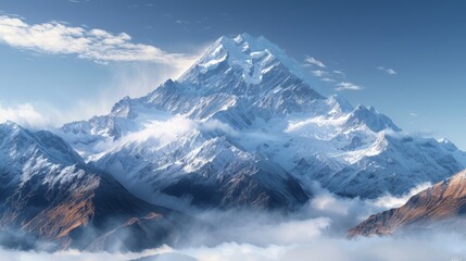 Naklejka premium A stunning photograph of the snowcovered Andes range, showcasing breathtaking mountain scenery in New Zealand's Alps,The towering peaks rise above clouds and mist.