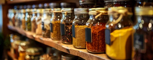 Poster Oriental spice store. a large counter with various jars filled with fragrant spicy spices. © MK studio