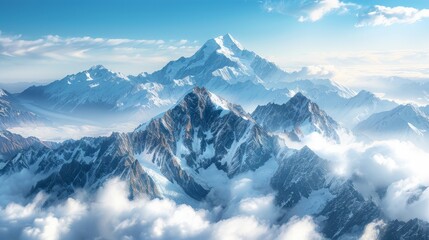 Obraz premium A stunning photograph of the snowcovered Andes range, showcasing breathtaking mountain scenery in New Zealand's Alps,The towering peaks rise above clouds and mist.