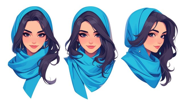 An Arabic woman s facial expression is captured in a warm smile portraying a range of feminine emotions through an alluring cartoon character depicted in a vibrant 2d illustration set again