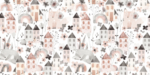 Cute seamless pattern with little village, cute animals and wild flowers. Watercolor background for fabric, textile, nursery wallpaper. Meadow with wild flowers.