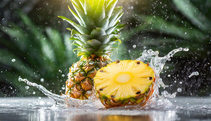 Pineapple and water splash on black background. Fresh fruit concept.