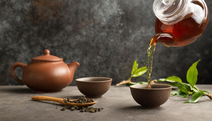 Pouring green tea from teapot into cup on grey table