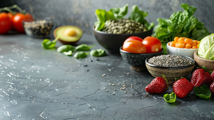 Healthy food clean eating selection fruit, vegetable, seeds, superfood, cereals, leaf vegetable on...