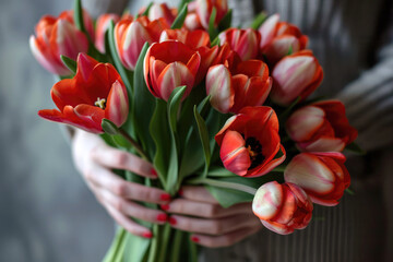 Bouquet of red tulips in young woman hands with red nail polish, unrecognizable, no face. Flowers design, florist. Delivery. Gift for 8 march, mother's day, birthday.