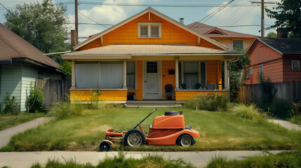 A vibrant orange house in a suburban neighborhood stands out, its lively color contrasted with an unkempt yard where an orange lawn mower awaits its task amidst the long grass.