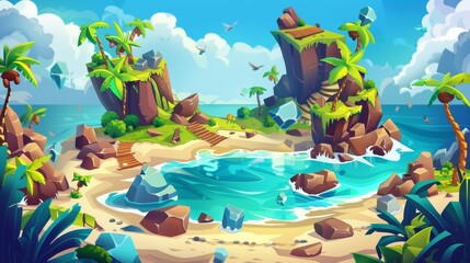 Game interface background with ocean beach, palm trees, stones, gems and level numbers, modern cartoon illustration.