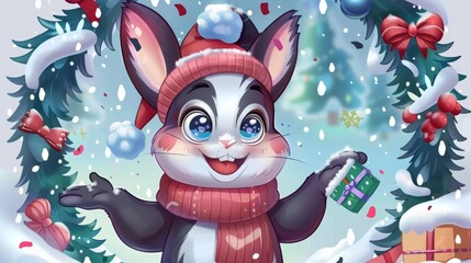 Animated modern cartoon cartoon character wearing hat, sweater and scarf celebrating New Year with Christmas tree, wreath, snow and confetti.