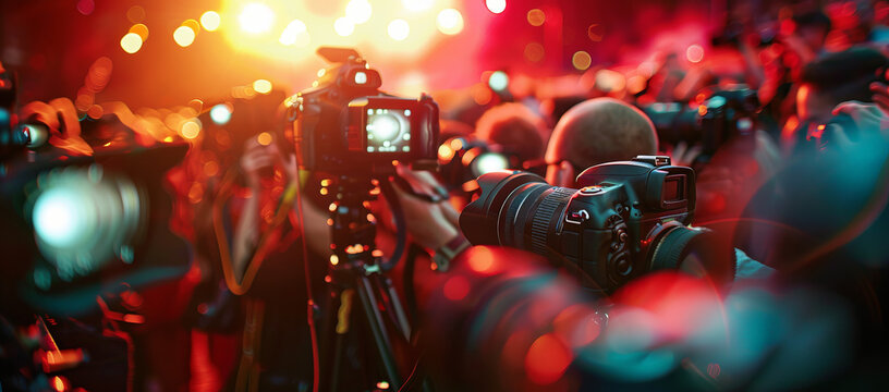 Dynamic scene of paparazzi with cameras poised, lens flashes illuminating the night, capturing the urgency of celebrity news