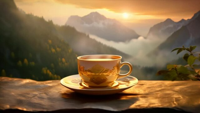 A cup of hot coffee on the rocks with a beautiful mountain background,Steaming cup on a mountaintop offers a scenic break for a hiker