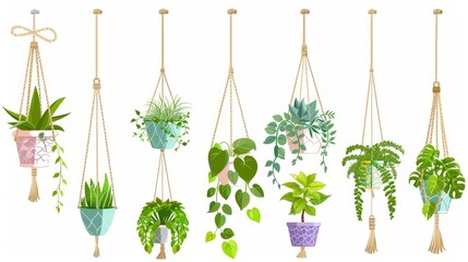 A set of house plants in hanging pots, displayed on a white background in macrame holders. Green planters in handmade holders made from rope for interior decoration at home, Cartoon illustration.