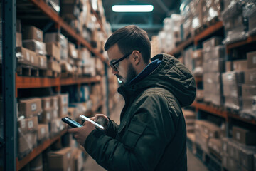 Worker checking his phone in the middle of the warehouse surrounded by shelves full of inventory