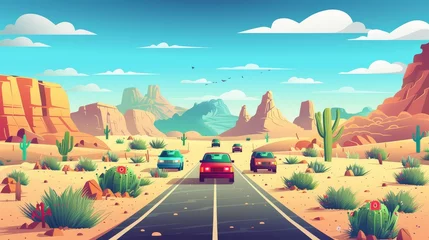  Road traffic in the desert, cactuses, mountains, sand and cars on a crossroad. Modern cartoon illustration of a desert landscape with vehicles on a crossroad. © Mark