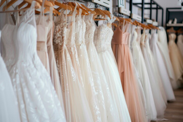 Beautiful wedding dresses on hangers in the wedding salon for the celebration