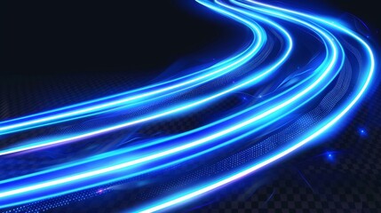 Isolated blue neon light trails on transparent background. Luxurious dynamic speed effect, bright wavy and curved glowing stripes, modern realistic illustration.