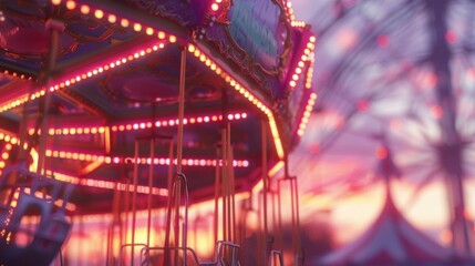 Twilight Carousel Ride with Ferris Wheel Background at a Festive Fairground