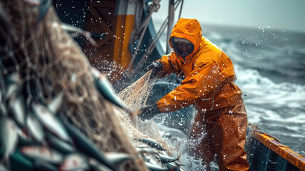 Fisherman in the midst of their toil, pulling nets full of the day's catch, effort and determination on their faces. A day in the hard life of professional fishermen.