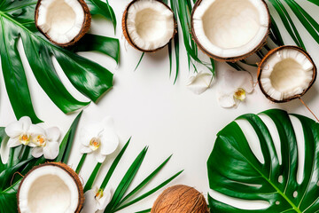Fototapeta na wymiar Spa composition of fresh coconuts, liqueurs and flowers. Self care concept