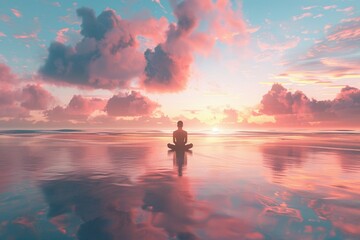 Quiet beach meditation at sunset, low angle, calming gradient sky, 3D illustration of mental tranquility