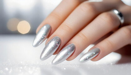 Luxury silver chrome manicure. Glamour nails on blurred background