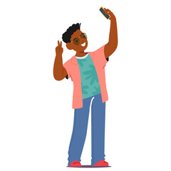 Black Kid Character Shooting himself on Photo Camera. Young Boy Excitedly Capturing A Selfie, His Face Lit Up