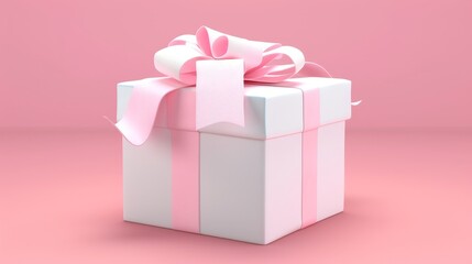 Isolated white gift box with pastel glossy bow on background. Holiday present, birthday, Christmas or wedding present. Realistic. 3D illustration.
