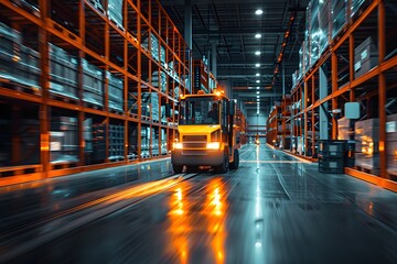 Electric Forklift in Motion inside Modern Warehouse