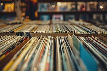 Vintage vibes in a vinyl record store, where music lovers explore classics. - obrazy, fototapety, plakaty