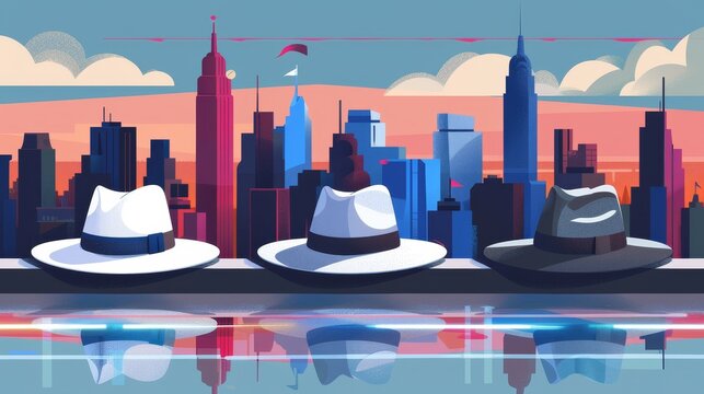 An illustration showing black, white, and gray hats SEO, search engine optimization marketing strategies on a city background, in a contemporary style, with men wearing different hats.