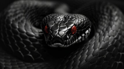 Fototapeta premium Black mamba snake HD wallpaper background with red glowing eyes