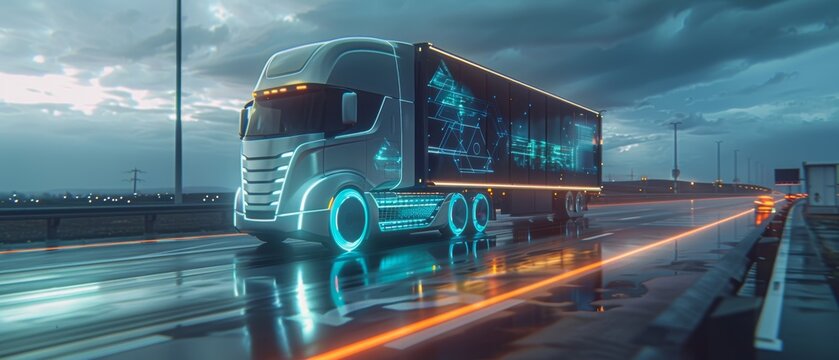 An advanced technology concept: A semi-truck with cargo trailer is transformed with graphics and special effects into a digital twin futuristic concept auto.