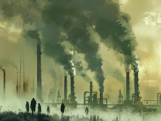 Industrial landscape with smokestacks expelling pollution, Concept of environmental issues and industrial impact. - obrazy, fototapety, plakaty