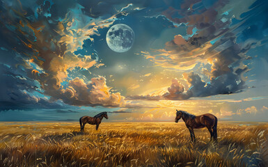 Majestic Moonlit Horses on a Golden Field Under a Starry Night Sky - obrazy, fototapety, plakaty