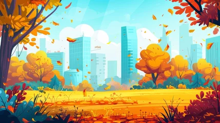  In the autumn, orange grass and leaves cover the ground, a modern city skyline can be seen on the horizon. A nature scene of lawn with flowers, bushes, trees, a modern illustration of a nature scene. © Mark