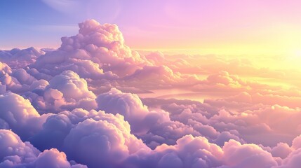 Sky, pink heaven background with fluffy clouds in white and lilac. Abstract vivid fantasy background, 3D modern illustration.